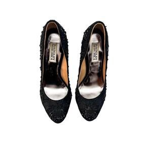 Badgley Mischka Black Satin Round Toe Beaded Pump Heel Size 6.5